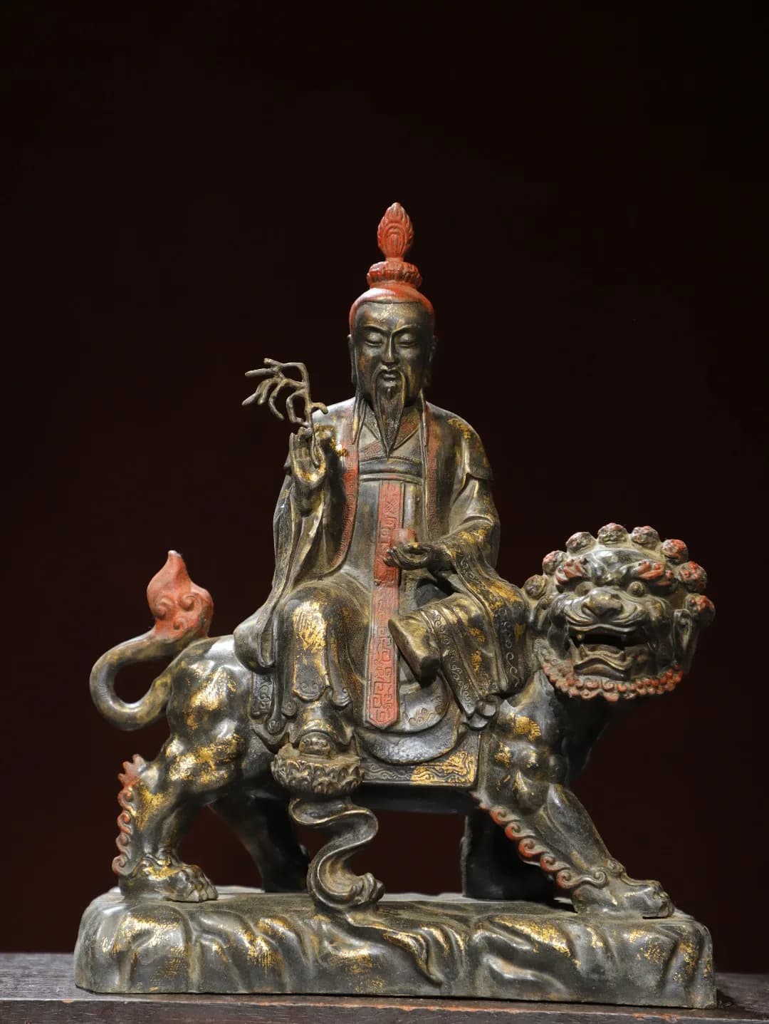15"Tibetan Temple Collection Old Bronze Gilded Cinnabar Taiyi Zhenren Taiyi Immortal Sitting on a divine beast Town house