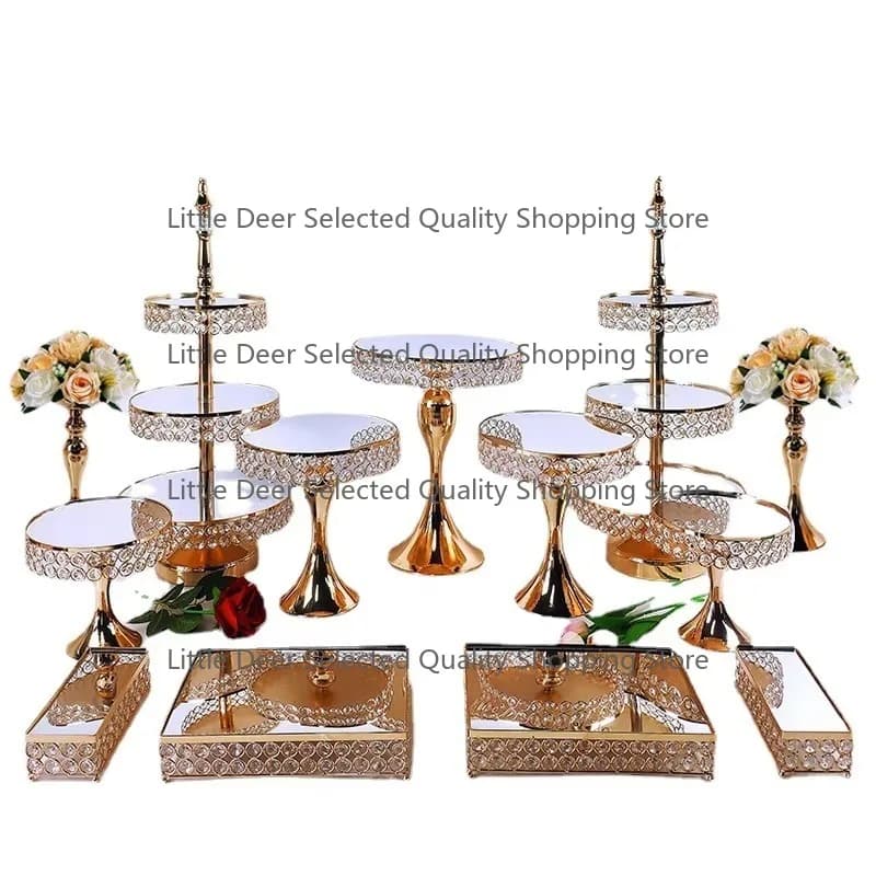 New Gold Metal Crystal Double Tier Cake Stand Set for  Ramadan Wedding Birthday Events Party Cake Decoration