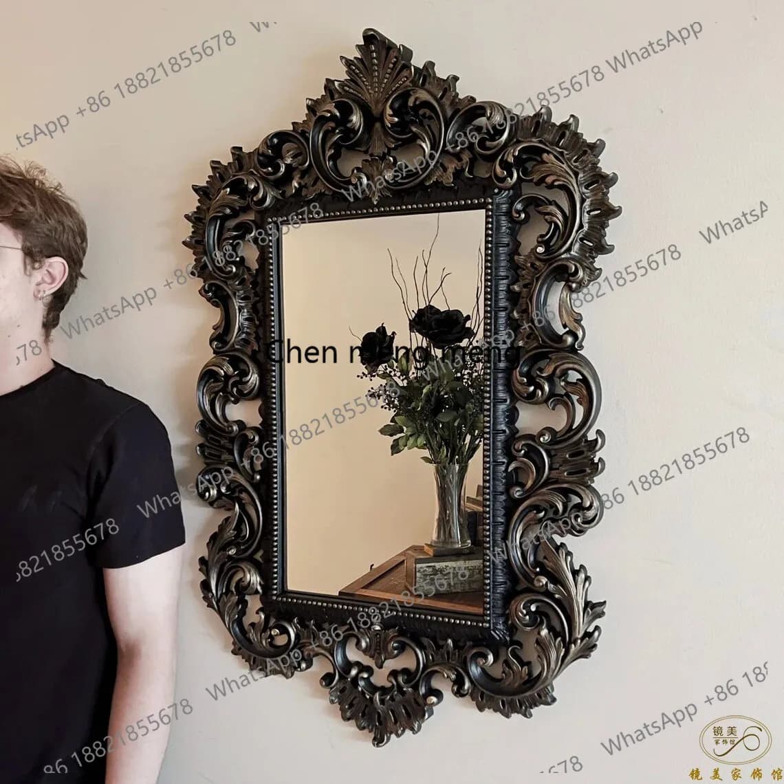 French retro carved mirror European fireplace mirror villa entrance luxury decorative wall hanging vanity mirror