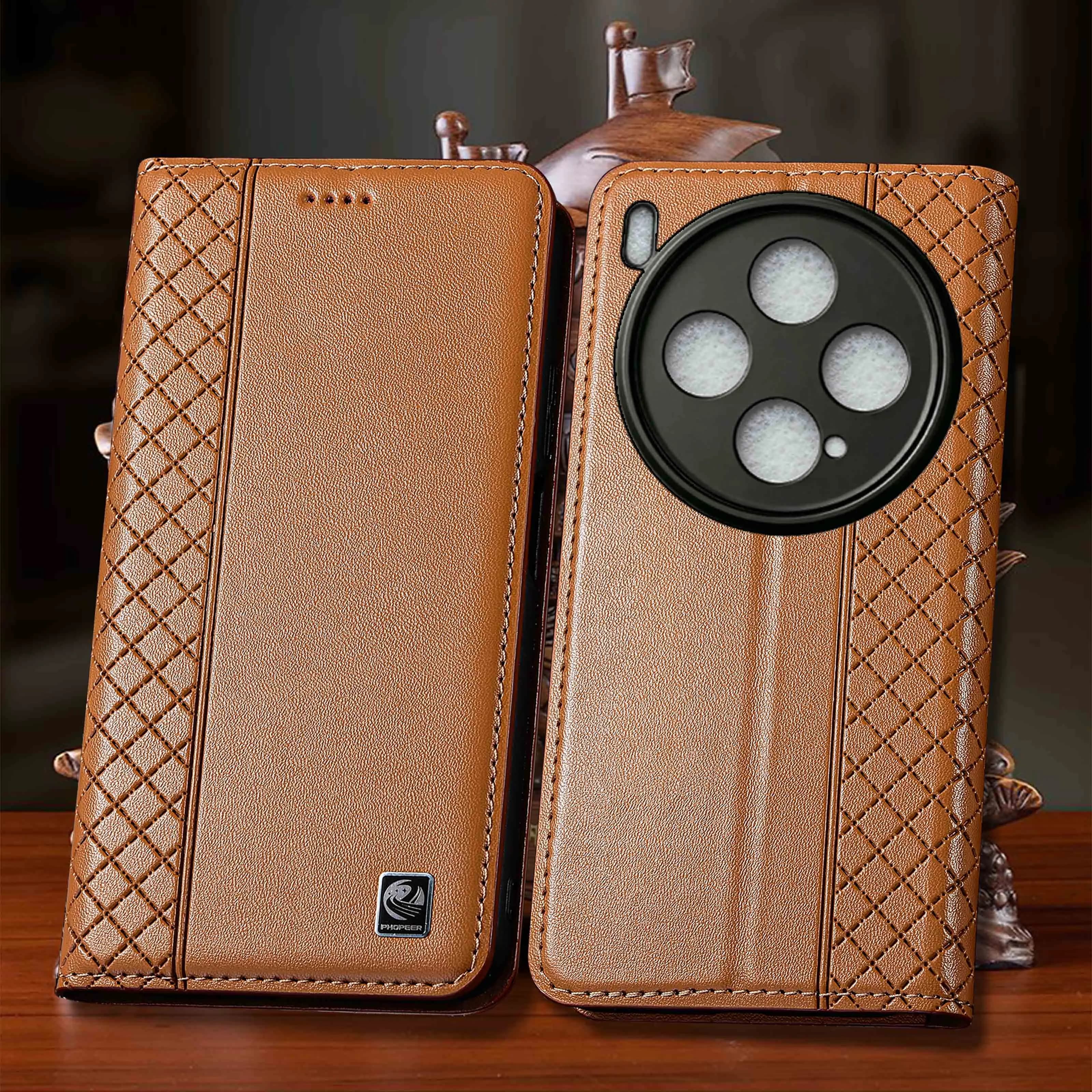 Genuine Leather Phone Case For Vivo X100 X100S X200 X200S X300 X300S Pro Ultra FE Mini Napa InnerGrid Pattern Of Flip Cover Case