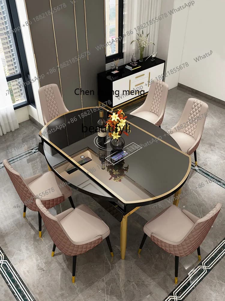 Light Luxury Dining Table Modern Style with Induction Cooker, Extendable Tempered Glass Dining Table, Convertible Round Table