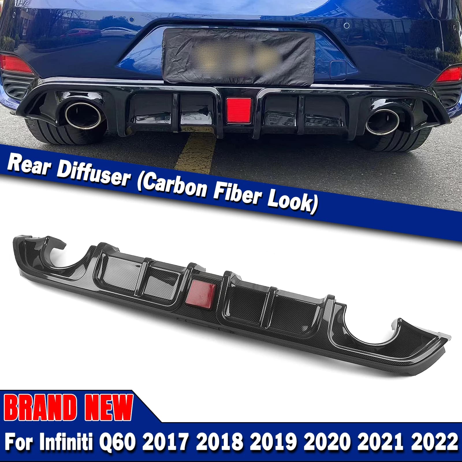 For Infiniti Q60 2017-2023 Carbon Fiber Look/Gloss Black Rear Bumper Diffuser Lip Splitter Spoiler Plate Bracket Kit