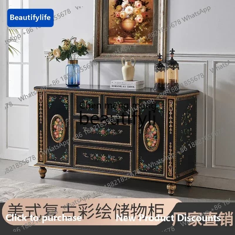 183ff French Spot Luxury Hand Painted Gold Foil Foyer Entrance Cabinet European Solid Wood Birch Furniture LockerA