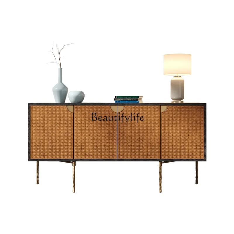 Medieval style dining side cabinet retro rattan storage living room decoration wabi sandy wind forged wrought iron door cabinet
