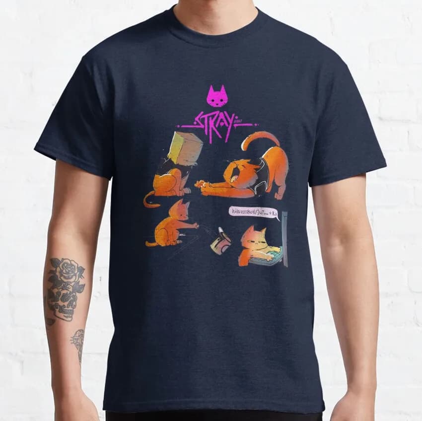Stray Video Game Cat Graphic T‑Shirt 40503 O-Neck Short Sleeve Tees Cyberpunk Stray Cat Print Casual Streetwear Gamer Fans Tops