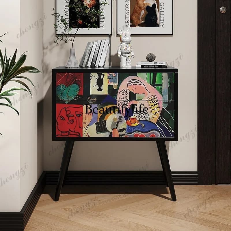 French-style painted chest of drawers American-style, painting art decoration, entrance, living room, bedroom,
