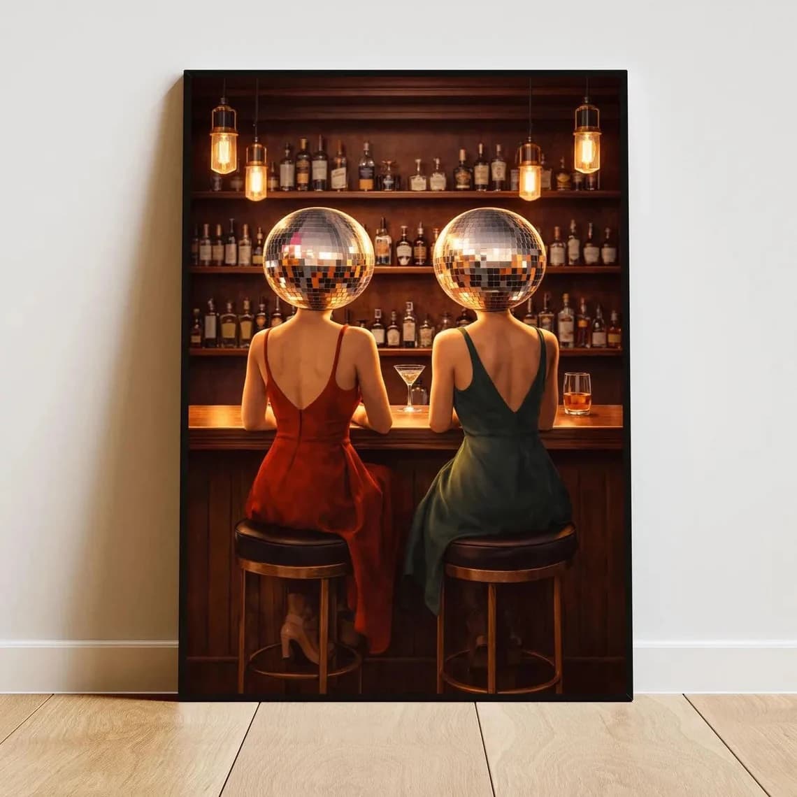 Disco Ball Head Women Poster Prints, Retro Bar Scene Surreal Modern Decor, Canvas Wall Art for Living Room Home Decoration