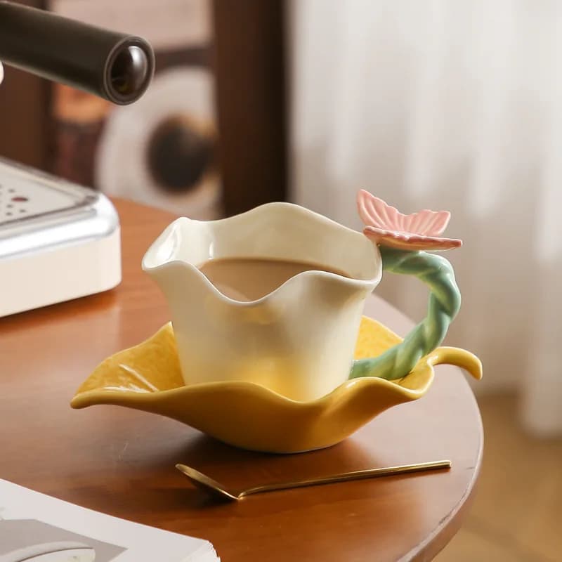 High-value Light Luxury Retro Design Coffee Cup Flower Language butterfly Ceramic Cup Saucer Set Spoon Exquisite Cup Cute Cups