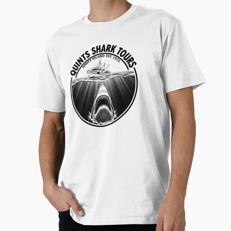 Quints Shark Tours-EST 1975 Jaws Horror Movie T Shirt Retro Amity Island Great White Shark print Graphic Tops Short Sleeve Tees