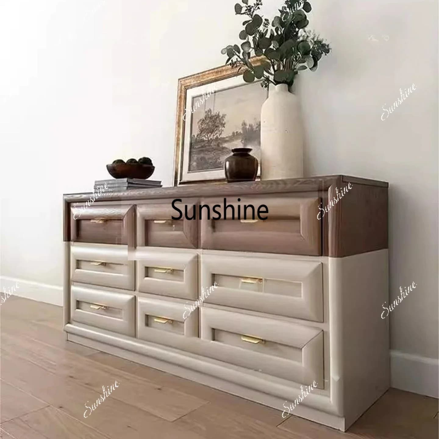 French vintage solid wood carved two-tone nine-drawer cabinet