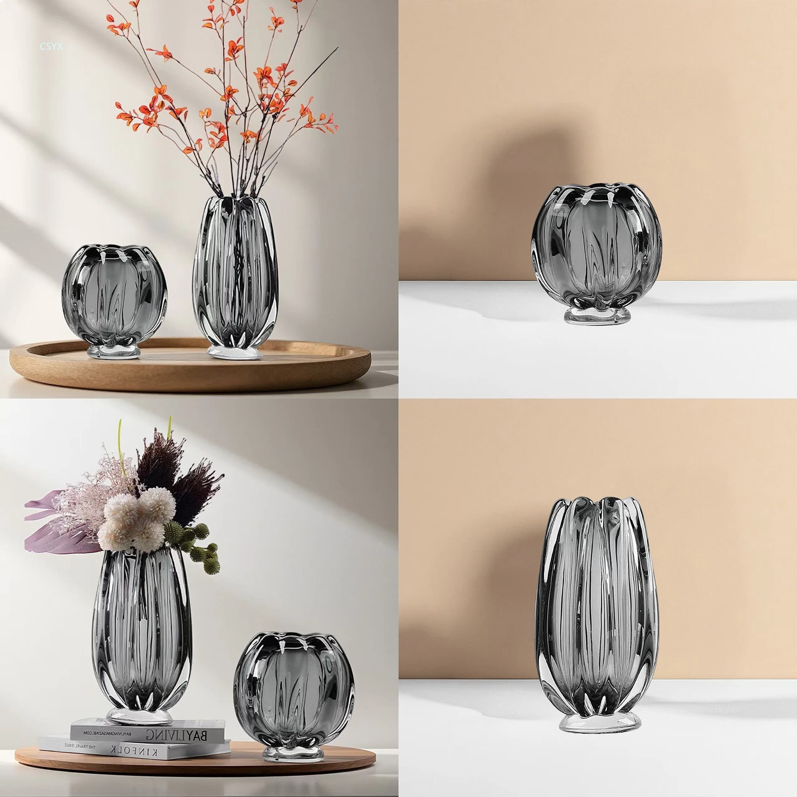 Vintage Smoky Grey Glass Vase Art Flower Arrangement Vessel Living Room Decor Ornament