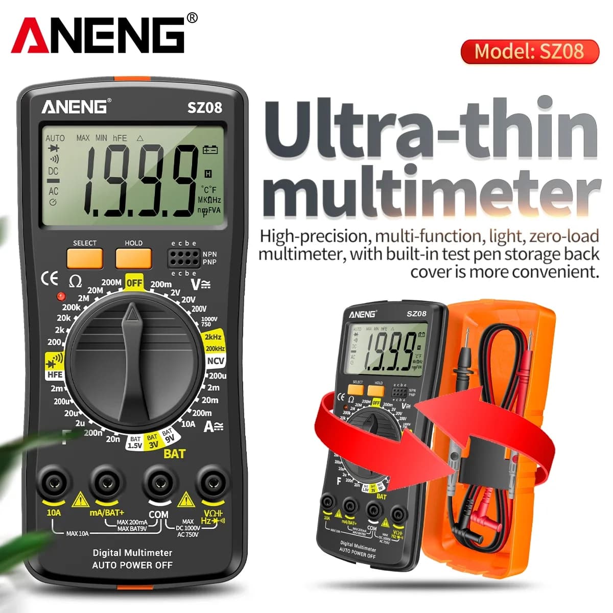 ANENG SZ08 Ultra-Thin Digital Multimeter 1000V DC 750V AC 10A Capacitance Frequency NCV Data Hold Diode Continuity Repair Tool