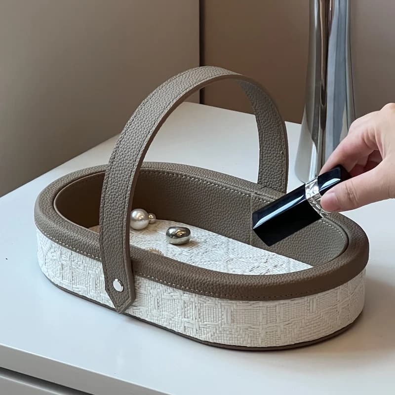 Retro Luxury Leather Tray Organizer-Genuine Leather Makeup Storage Box with Handle, Key Holder for Desktop Entryway Coffee Table