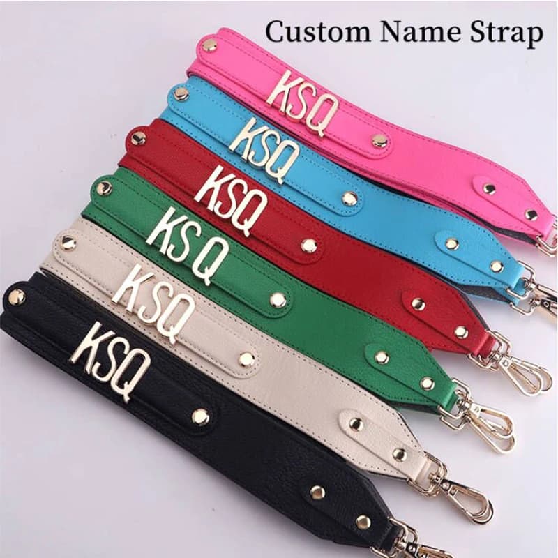 Personalized PU Leather Diagonal Cross Tape Strap Custom Name Lanyard Diamond Black Metal Letters Detachable