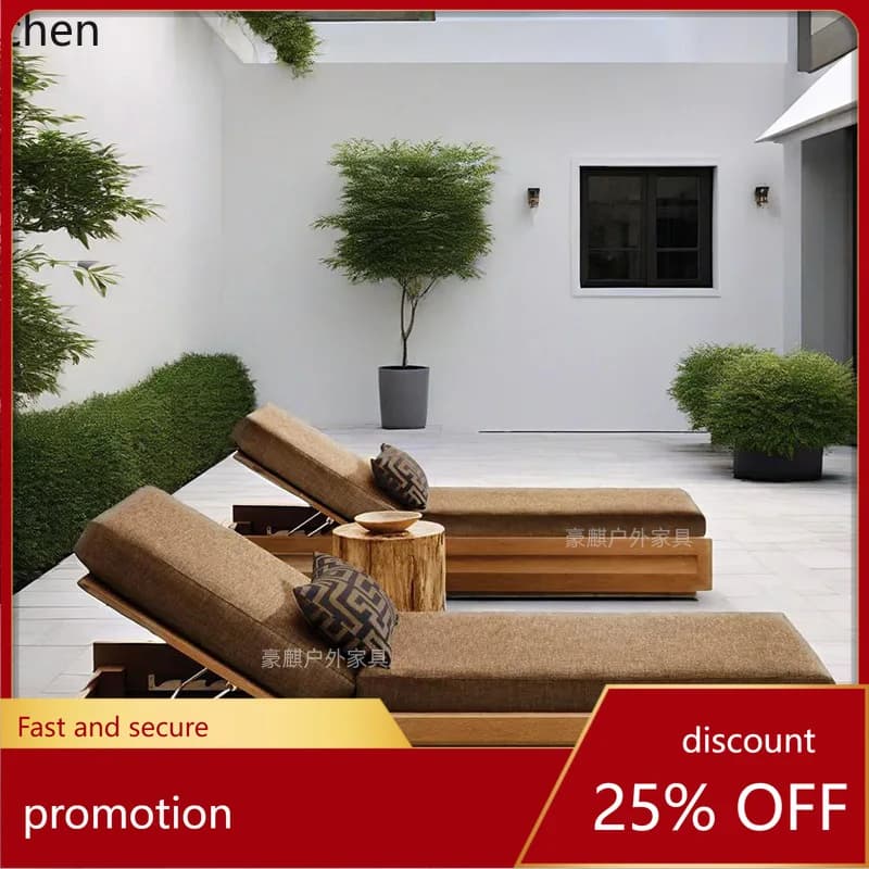 ZML Outdoor Open-Air Leisure Teak Swimming Pool Single Lounge Chair Outdoor Solid Wood Beach Chair