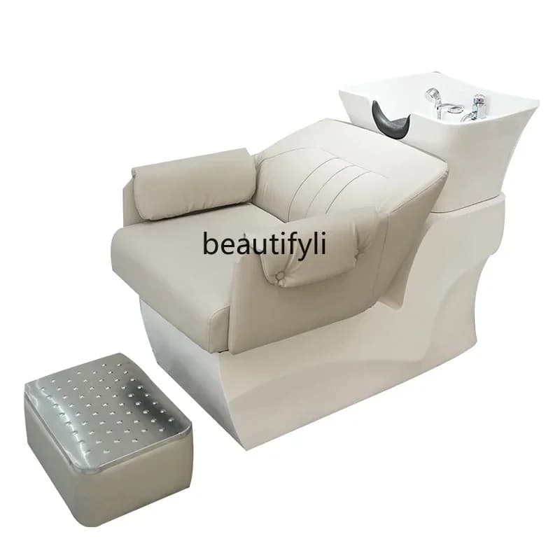 xqCeramic Basin Shampoo Chair Barber Shop Lying Half with Quick-Heating Water Heater Integrated Flushing Bed