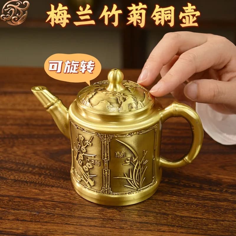 All-brass plum, orchid, bamboo, and chrysanthemum with a rotating lid, a decorative copper teapot for home use