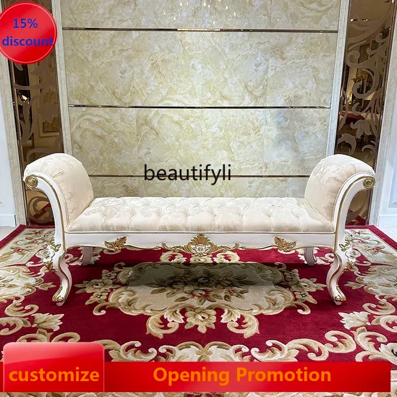 ss8350 French fabric bedside stool, European luxury neoclassical solid wood bedroom bedside bench