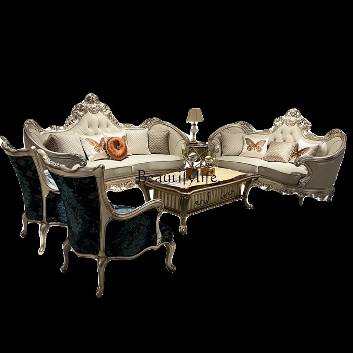 LJYFrench solid wood leather sofa European large apartment high-end court gold foil process