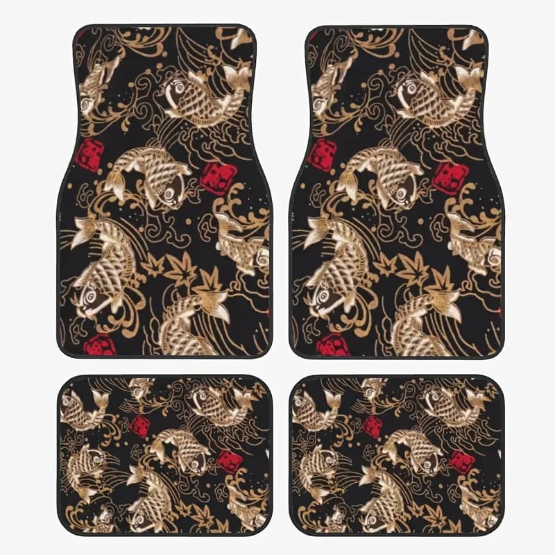 Heavy Duty 4-Pack Vintage Koi Fish Car Mats - All-Weather, Full Protection, Easy Clean, Fits Cars SUVs Vans, Unisex Gift