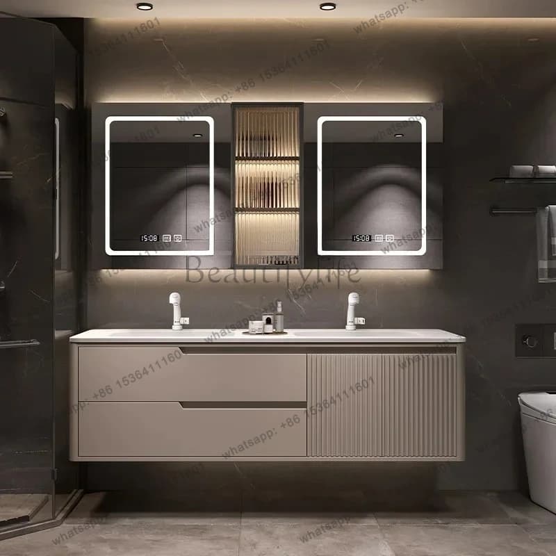 Cream Style Stone Plate Double Basin Bathroom Cabinet Seamless Ceramic Basin Solid Wood Oak Washbasin