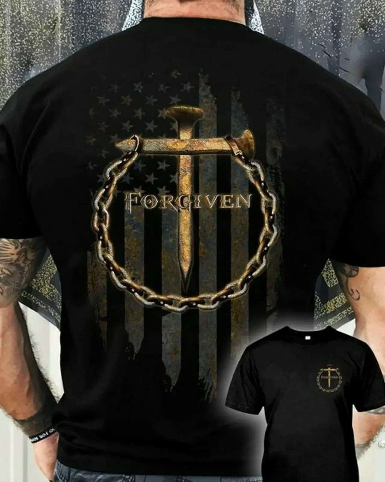 Unique Cross Nail Chain Jesus Forgiven Flag T-Shirt 100% Cotton O-Neck Short Sleeve Summer Casual Mens T-shirt Streetwear