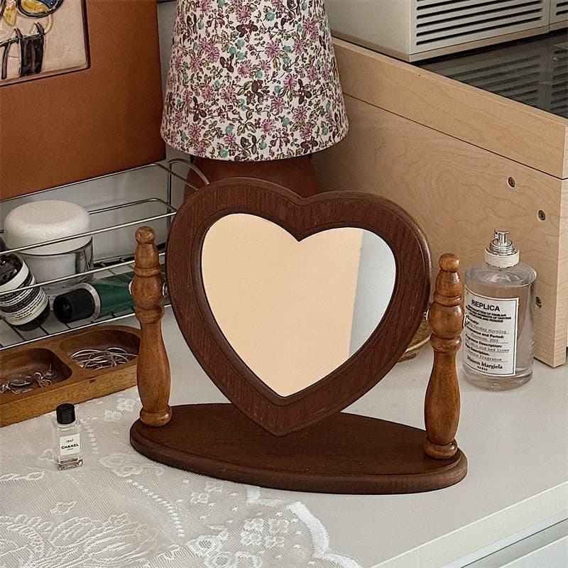 Table Mirror, Vanity Desk Mirror with Stand Decorative, Wood Desk Dressing Makeup Mirror for Countertop, Bedroom, Living Room