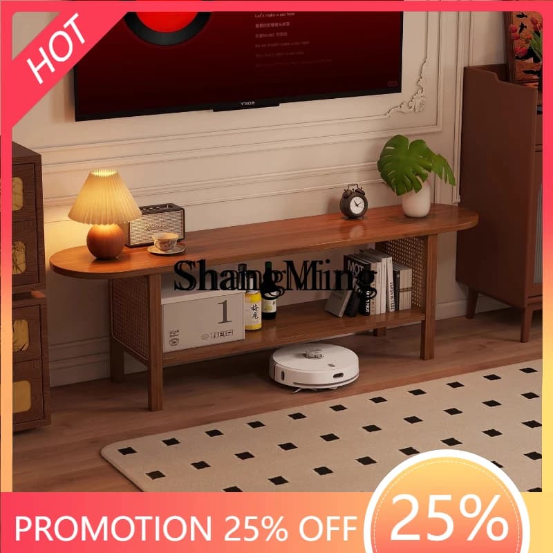SM medieval TV cabinet rattan-woven floor-to-ceiling narrow cabinet small apartment household simple storage table