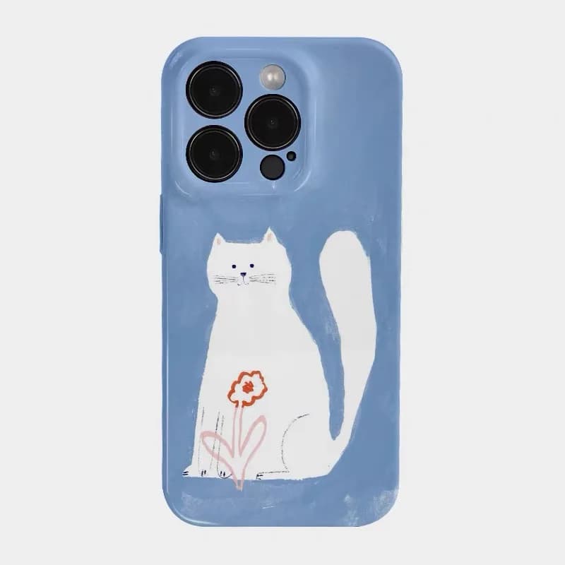 Blue Flower Little White Cat Phone Case for IPHONE 17 Air 16E 15 PROMAX 14 Plus 13 12 MINI 11 PRO 16Plus XR Acrylic Phone Cover