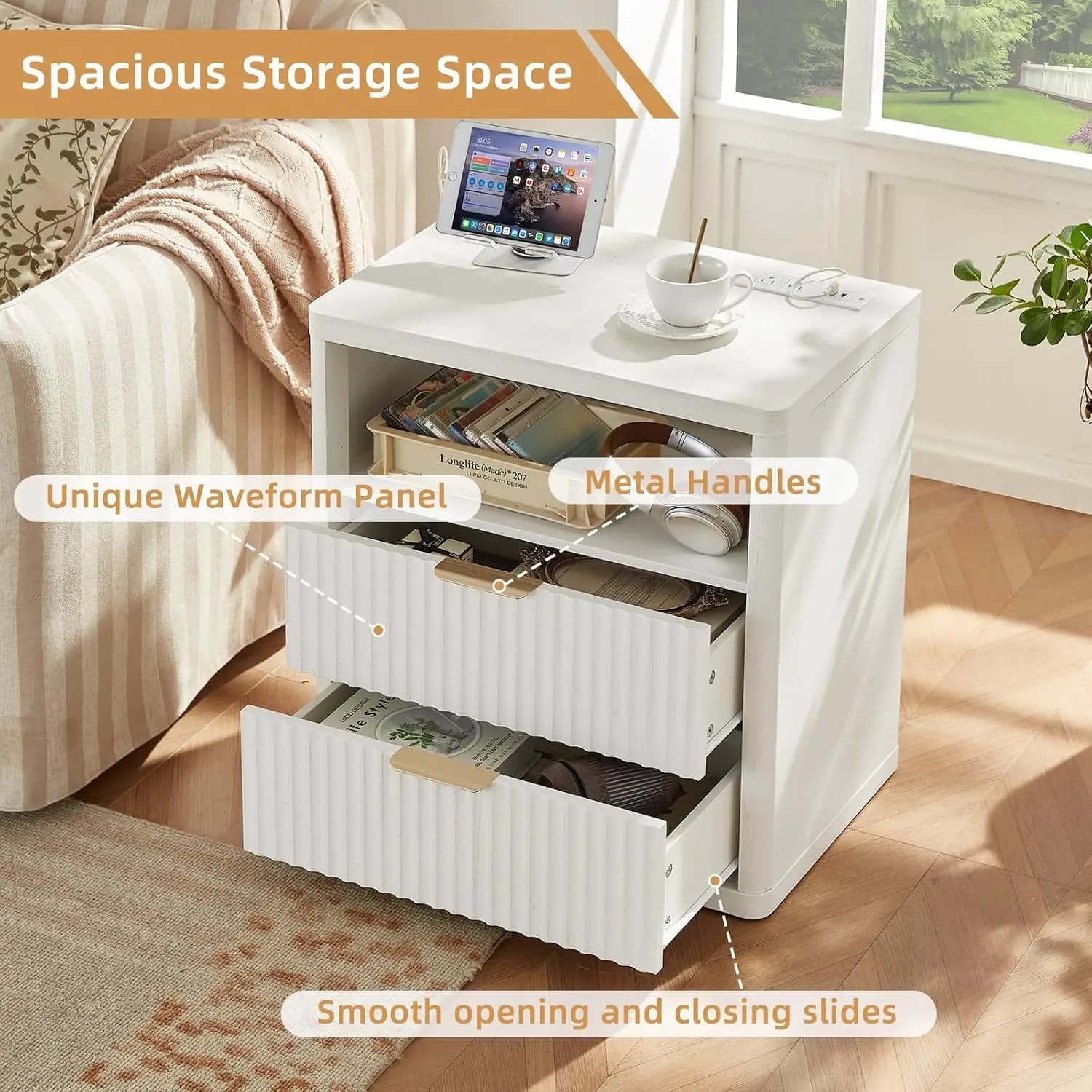 Fluted Nightstand with Charging Station, 23" Wide 2 Drawers End Table,White Night Stand with Open Storage Cabinet, Farmhouse Bed