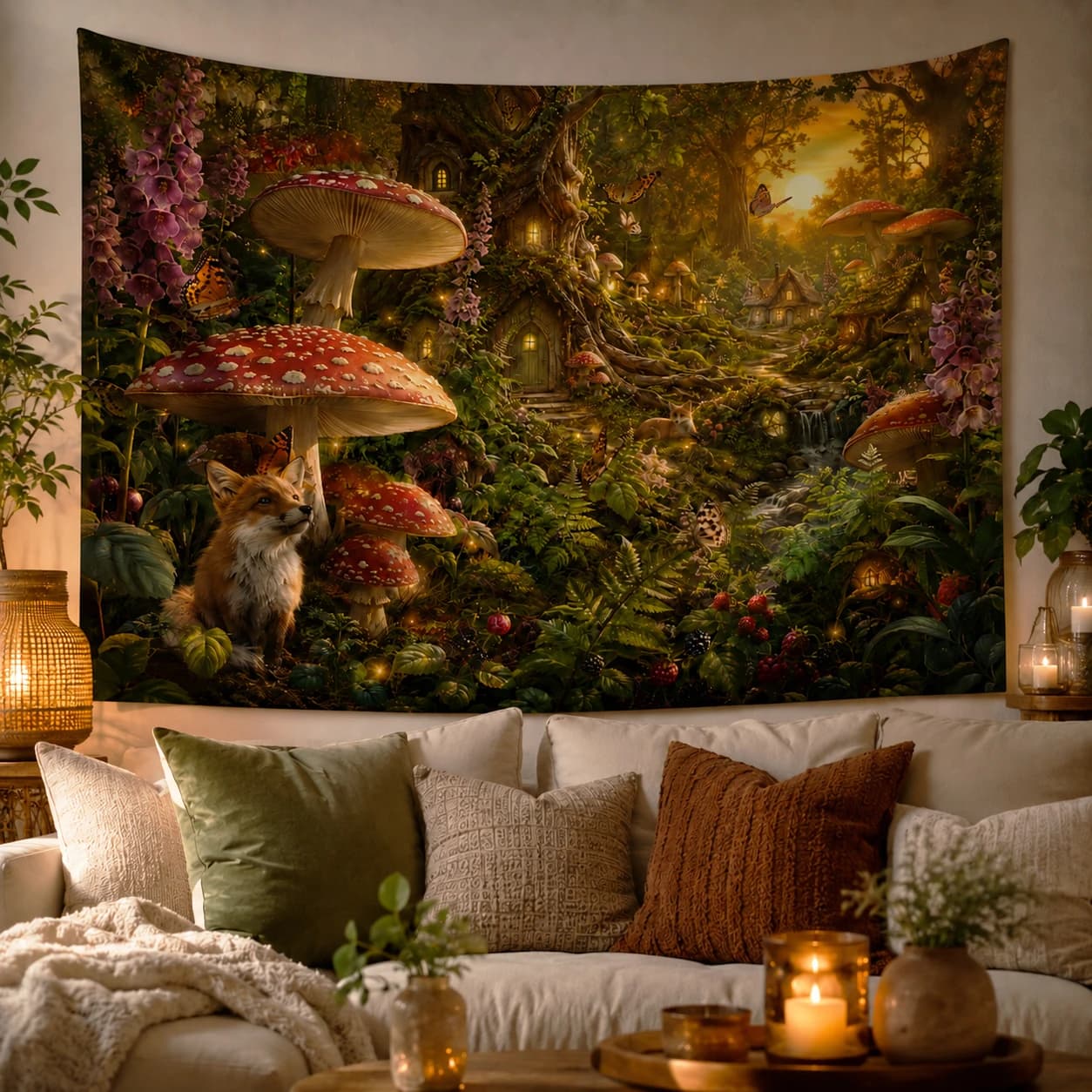 Fairy Mushroom Forest Tapestry Fox Tree House Wall Art, Cottagecore Room Decor, Perfect Holiday Gift