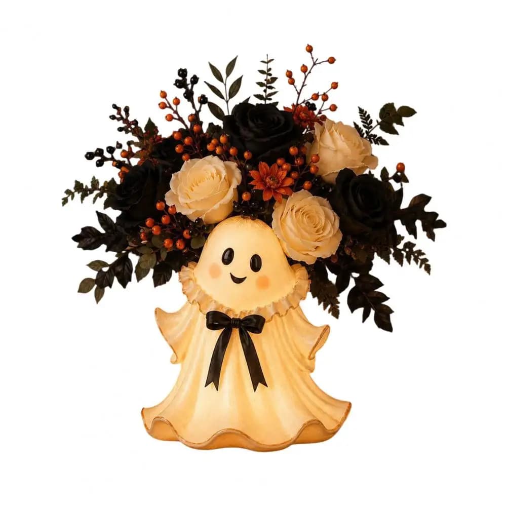 Unique Home Decor Gifts Cute Ghost Wicker Basket Halloween Figurine Spooky Resin Floral Holder Vase Tabletop Mantel for Entryway
