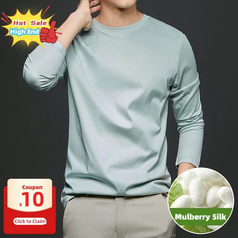 Light Luxurious Mulberry Silk T-shirts Elastic High End Long Sleeve Quality T Shirts Antistatic Comfortable Base Layer Tee Tops