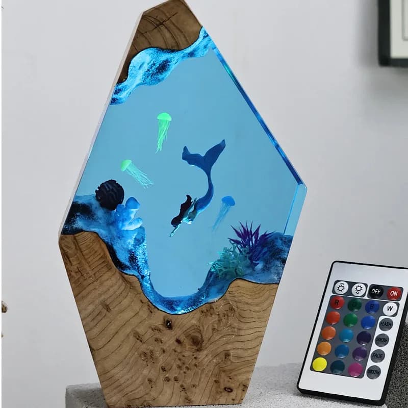 Solid Wood Resin Sculpture Ornaments Water World Mermaid Jellyfish Home Atmosphere Decoration Craftwork Beautiful Gift