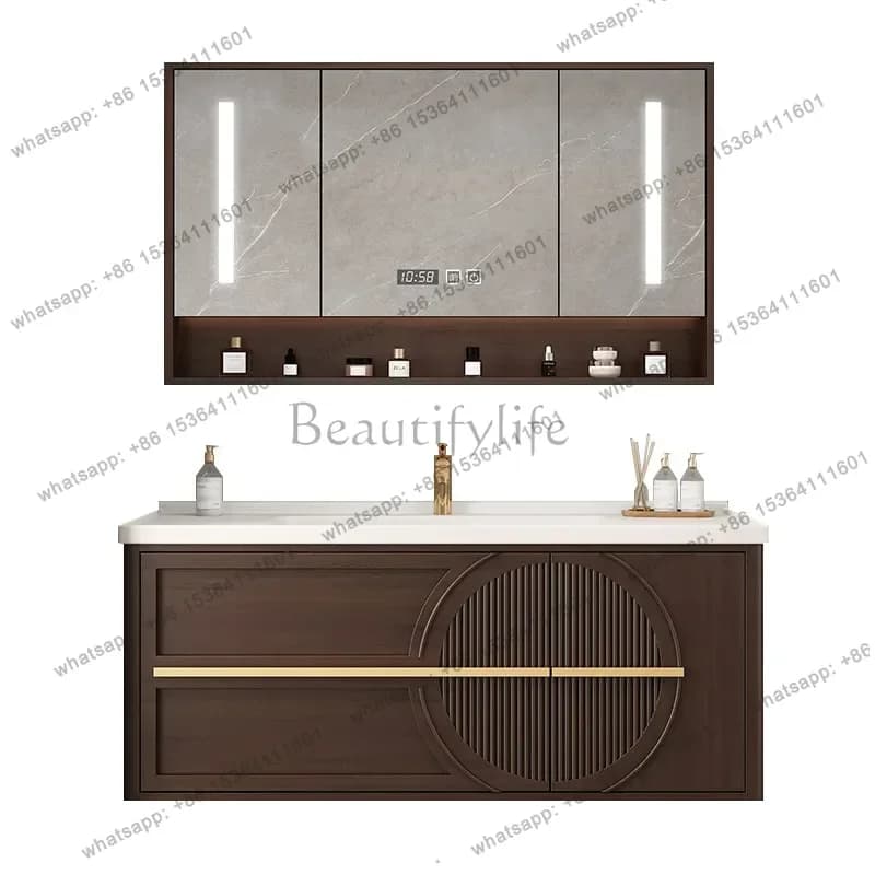 Modern new Chinese bathroom cabinet oak integrated ceramic basin intelligent solid wood bathroom washstand