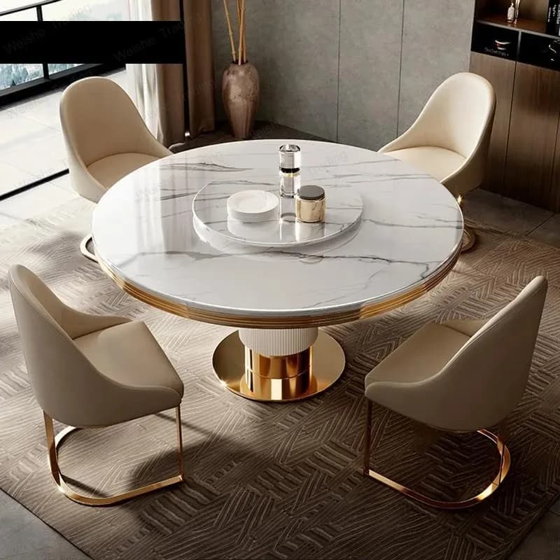 Luxury Style Round Marble Dining Table with Gold Stainlees Frame Seats 6-10 People