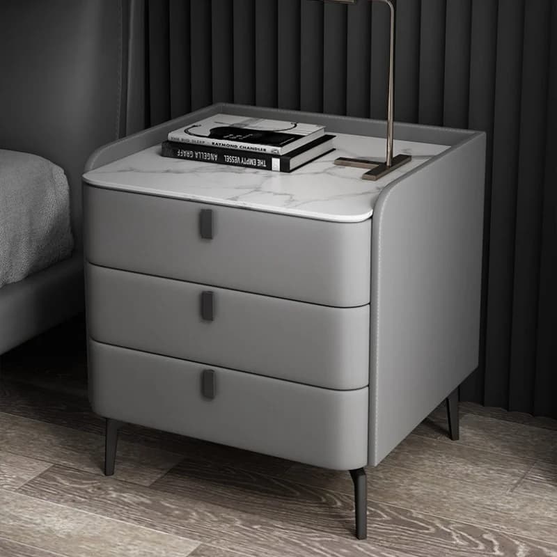 【Hot】Modern Style 3 Drawers Solid Wood Bedside Table, Faux Leather Bedroom Nightstand with Sintered Stone Top, Side Storage Cabi