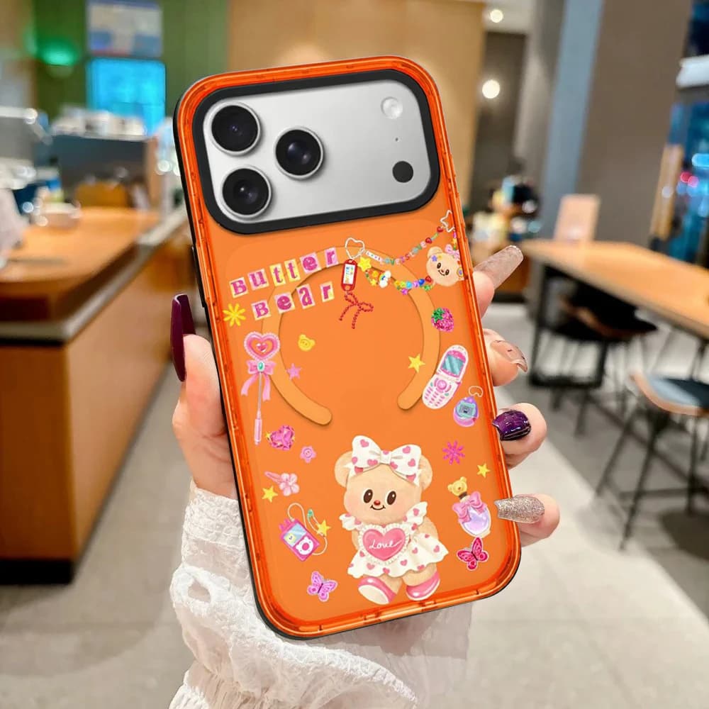 Cute Cartoon Dress Bear Orange Border Magnetic Cover for IPhone 12 13 14 15 16 17 Pro Max Case for IPhone Air Cartoon Pattern