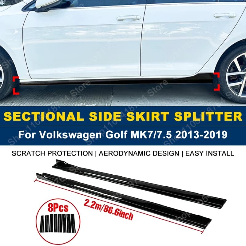 2.2M/86.6" Side Skirts Extension Rocker Panel Splitter For Volkswagen VW Golf MK7 7.5 2013-2019 2014 2015 2016 2017 ABS Plastic