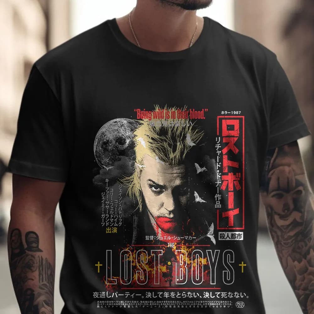 Vintage Japanese Poster The Lost Boys 1987 Vampire Horror Movie 100% Cotton print Graphic T-shirt 0521 Streetwear Unisex Tee
