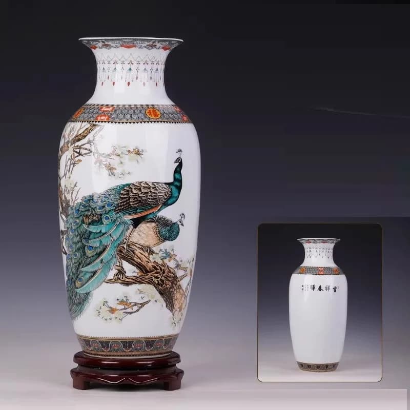 larg Jingdezhen ceramic vase, peacock vase decoration, living room decoration, home crafts, gifts, foyer decorationChinese style