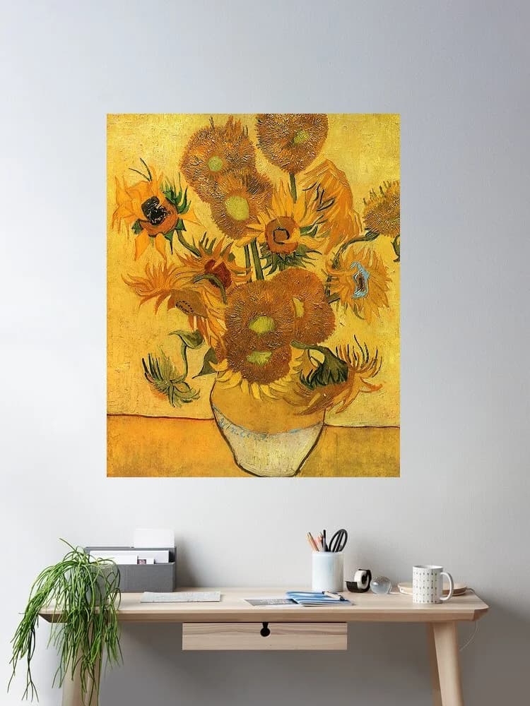 Vase with Fifteen Sunflowers, Print Art Canvas Poster, For Living Room Decor Home Wall Picture