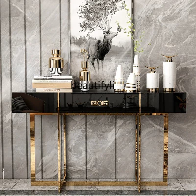 K185 Light Luxury Stainless Steel Console New Chinese Style Living Room Wall Curio Cabinet Simple Modern Hallway Table