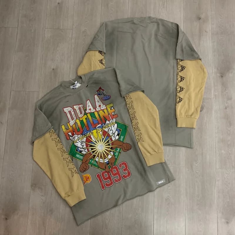 DUAA Divine LS Tee Gray Streetwear Fall Winter Terry Cloth Long-Sleeve Embroidered Rhinestone T-Shirt