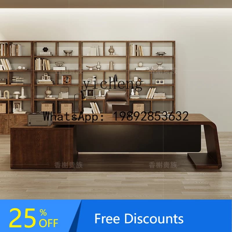 AA office log large board table office leader pure solid wood large desk boss table with side cabinet
