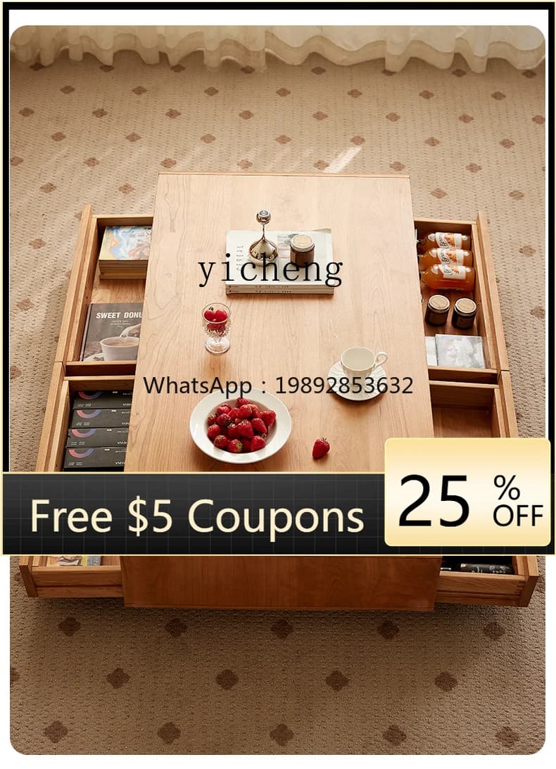 Floor Tea Table Cherry Wood Tea Table Living Room Furniture All Solid Wood with Drawer Tea Table Storage