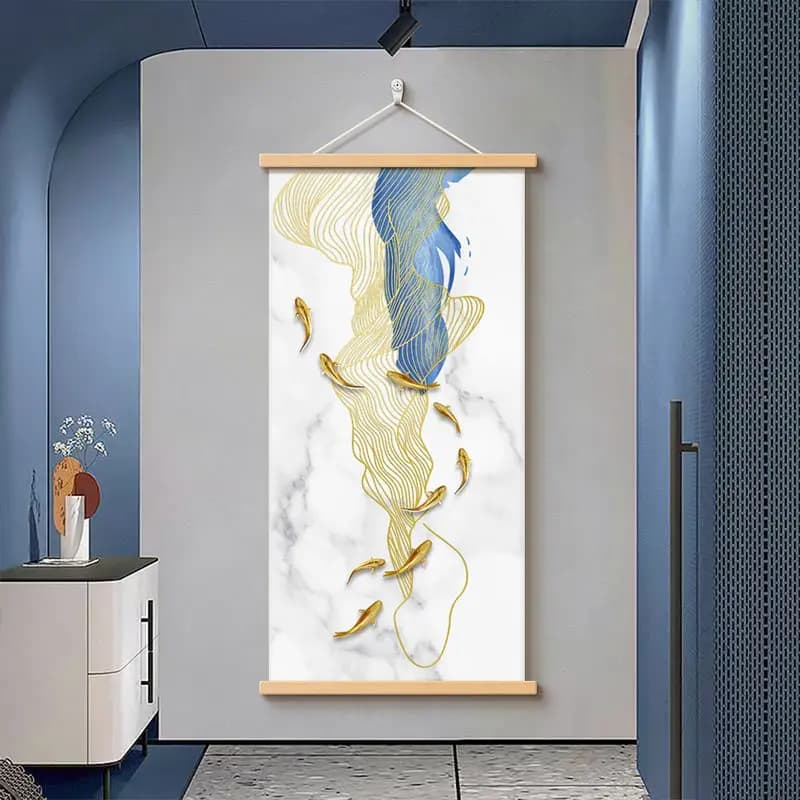 Wall Art Nine Koi Fish Pond Pearlescent Canvas Hanging Scroll with Wooden Rods for Modern Corridor and Living Room Decor