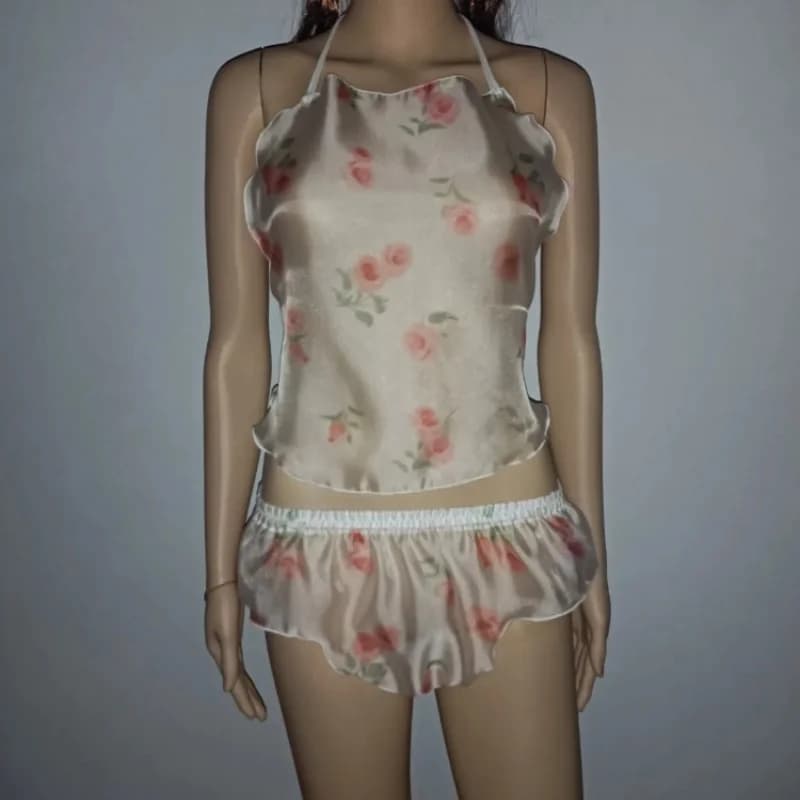 Women Silky Touch Pajamam Plus Size Panties Camisole Men's Sexy Glossy Printed Satin Halter Crop Tops Briefs Sissy Private Party