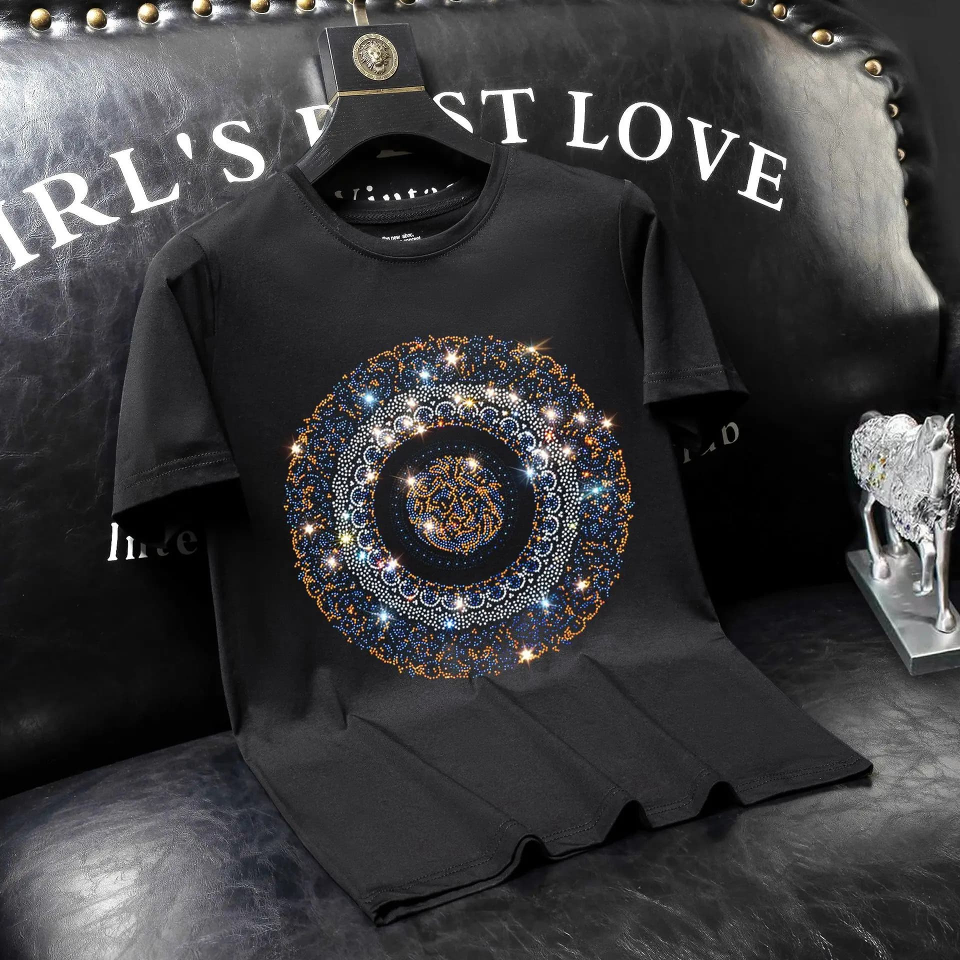 2025 Lion Rhinestones T Shirts Men Clothing Fashion Streetwear Modal Cotton O Neck Short Sleeve Slim Tshirts Man Plus Size 7XL