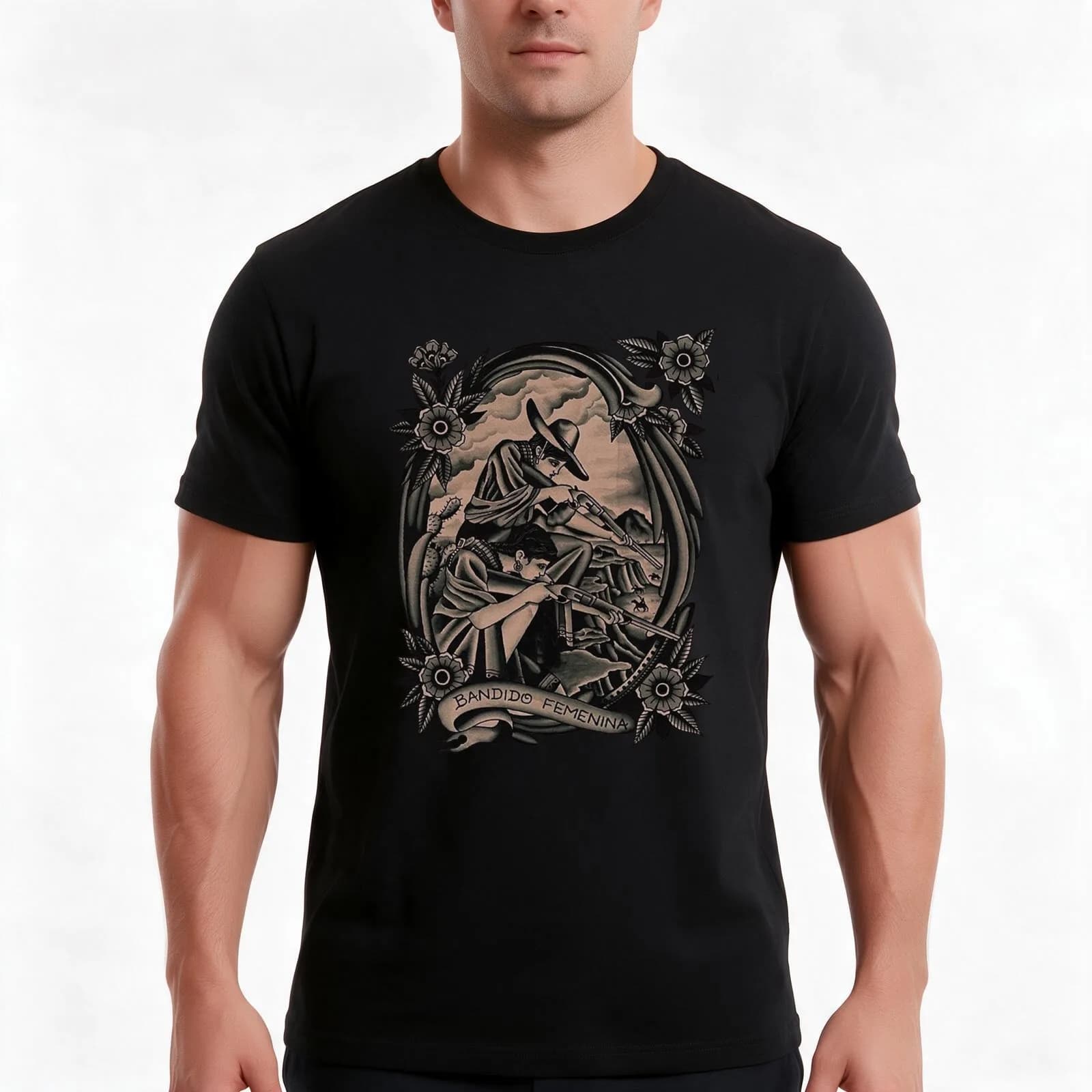 Traditional Beautiful Bandido Femenina Tattoo T-Shirt, Summer Casual Cotton Tee, Oversized Streetwear Tops, Unisex Men Women